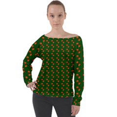 Kawaii Pumpkin Patt Green Off Shoulder Long Sleeve Velour Top by snowwhitegirl