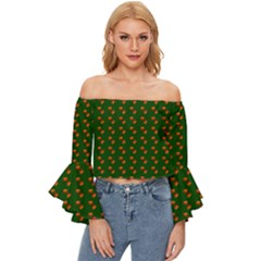 Kawaii Pumpkin Patt Green Off Shoulder Flutter Bell Sleeve Top