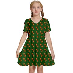 Kawaii Pumpkin Patt Green Kids  Short Sleeve Tiered Mini Dress by snowwhitegirl