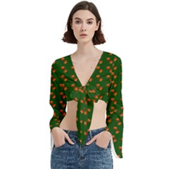 Kawaii Pumpkin Patt Green Trumpet Sleeve Cropped Top