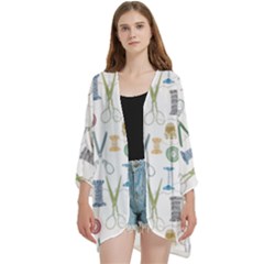 Pattern Seamless Texture Sewing Open Front 3/4 Sleeve Batwing Chiffon Cardigan Kimono