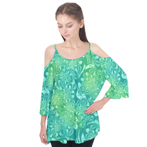 Retro Flower Pattern Design Batik Flutter Sleeve T-shirt by Posterlux