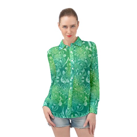 Retro Flower Pattern Design Batik Long Sleeve Chiffon Shirt by Posterlux