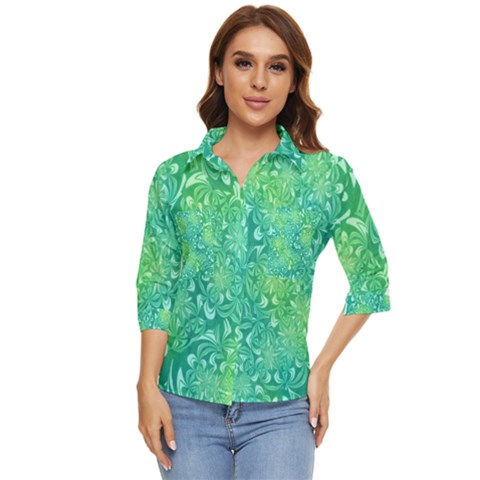 Retro Flower Pattern Design Batik Women s Quarter Sleeve Pocket Shirt by Posterlux