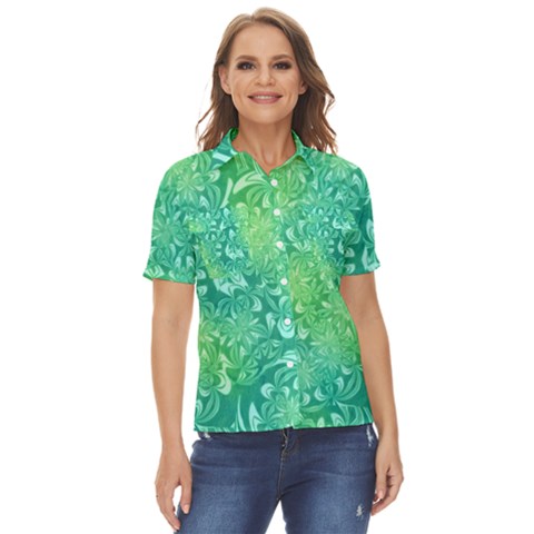 Retro Flower Pattern Design Batik Women s Short Sleeve Double Pocket Shirt by Posterlux