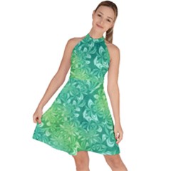 Retro Flower Pattern Design Batik Sleeveless Halter Neck A-line Dress by Posterlux