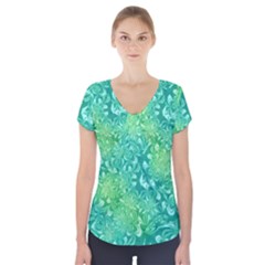 Retro Flower Pattern Design Batik Short Sleeve Front Detail Top