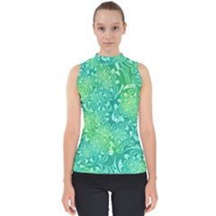 Retro Flower Pattern Design Batik Mock Neck Shell Top