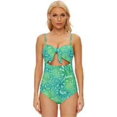 Retro Flower Pattern Design Batik Knot Front One-piece Swimsuit by Posterlux