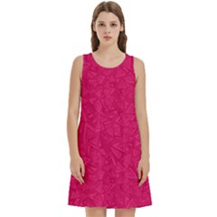 Pink Abstract Crimson Triangle Round Neck Sleeve Casual Dress With Pockets