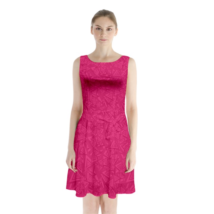 Pink Abstract Crimson Triangle Sleeveless Waist Tie Chiffon Dress