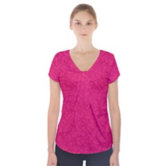 Pink Abstract Crimson Triangle Short Sleeve Front Detail Top