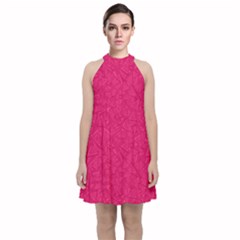 Pink Abstract Crimson Triangle Velvet Halter Neckline Dress 