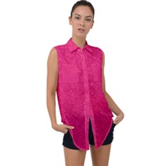 Pink Abstract Crimson Triangle Sleeveless Chiffon Button Shirt