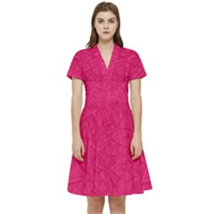 Pink Abstract Crimson Triangle Short Sleeve Waist Detail Dress