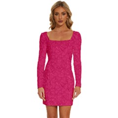 Pink Abstract Crimson Triangle Long Sleeve Square Neck Bodycon Velvet Dress