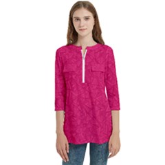 Pink Abstract Crimson Triangle Women s Zip Front V-neck 3/4 Sleeve Casual Top Pocket Shirt