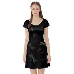 Background Pattern Dragonfly Short Sleeve Skater Dress