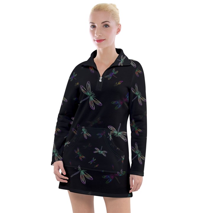 Background Pattern Dragonfly Women s Long Sleeve Casual Dress