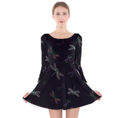 Background Pattern Dragonfly Long Sleeve Velvet Skater Dress