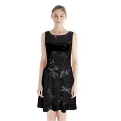 Background Pattern Dragonfly Sleeveless Waist Tie Chiffon Dress