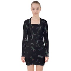 Background Pattern Dragonfly V-neck Bodycon Long Sleeve Dress by Posterlux