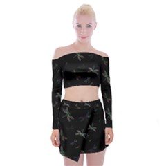 Background Pattern Dragonfly Off Shoulder Top With Mini Skirt Set