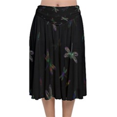 Background Pattern Dragonfly Velvet Flared Midi Skirt