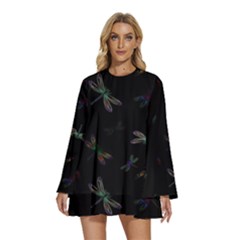 Background Pattern Dragonfly Round Neck Long Sleeve Bohemian Style Chiffon Mini Dress