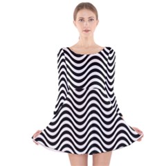 Black White Wave Pattern Wavy Water Seamless Long Sleeve Velvet Skater Dress