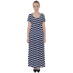 Black White Wave Pattern Wavy Water Seamless High Waist Short Sleeve Maxi Dress