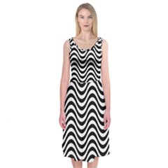 Black White Wave Pattern Wavy Water Seamless Midi Sleeveless Dress by Posterlux