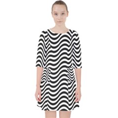 Black White Wave Pattern Wavy Water Seamless Quarter Sleeve Pocket Dress