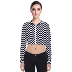 Black White Wave Pattern Wavy Water Seamless Long Sleeve Zip Up Bomber Jacket by Posterlux