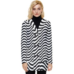 Black White Wave Pattern Wavy Water Seamless Button Up Hooded Coat 