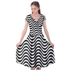 Black White Wave Pattern Wavy Water Seamless Cap Sleeve Wrap Front Dress