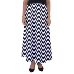 Black White Wave Pattern Wavy Water Seamless Flared Maxi Skirt by Posterlux