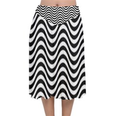 Black White Wave Pattern Wavy Water Seamless Velvet Flared Midi Skirt