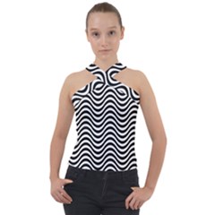 Black White Wave Pattern Wavy Water Seamless Cross Neck Velour Top