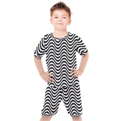 Black White Wave Pattern Wavy Water Seamless Kids  T-shirt And Shorts Set by Posterlux