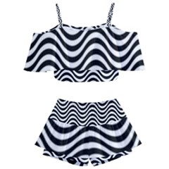 Black White Wave Pattern Wavy Water Seamless Kids  Off Shoulder Skirt Bikini by Posterlux