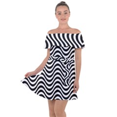 Black White Wave Pattern Wavy Water Seamless Off Shoulder Velour Dress