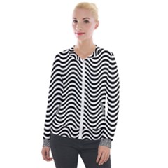 Black White Wave Pattern Wavy Water Seamless Velvet Zip Up Jacket