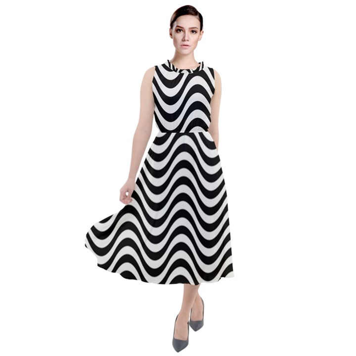 Black White Wave Pattern Wavy Water Seamless Round Neck Boho Dress