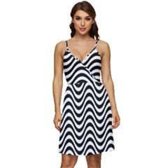 Black White Wave Pattern Wavy Water Seamless V-neck Pocket Summer Dress 