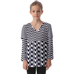 Black White Wave Pattern Wavy Water Seamless Kids  V Neck Casual Top