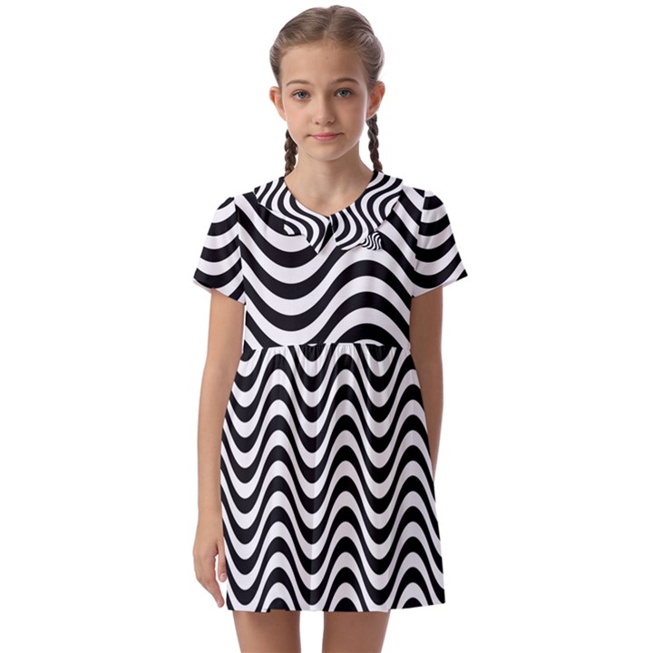 Black White Wave Pattern Wavy Water Seamless Kids  Asymmetric Collar Dress