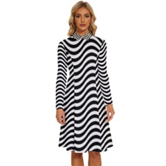 Black White Wave Pattern Wavy Water Seamless Long Sleeve Shirt Collar A-line Dress