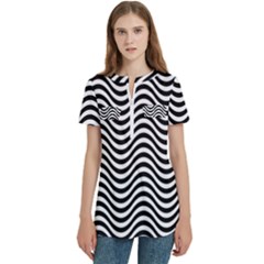 Black White Wave Pattern Wavy Water Seamless Women s Zip Front V-neck Short Sleeve Casual Top Pocket Shirt