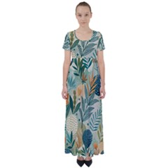 Leaves Pattern Flora Nature High Waist Short Sleeve Maxi Dress by Posterlux